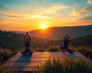 Freiluft-Yoga bei Sonnenaufgang