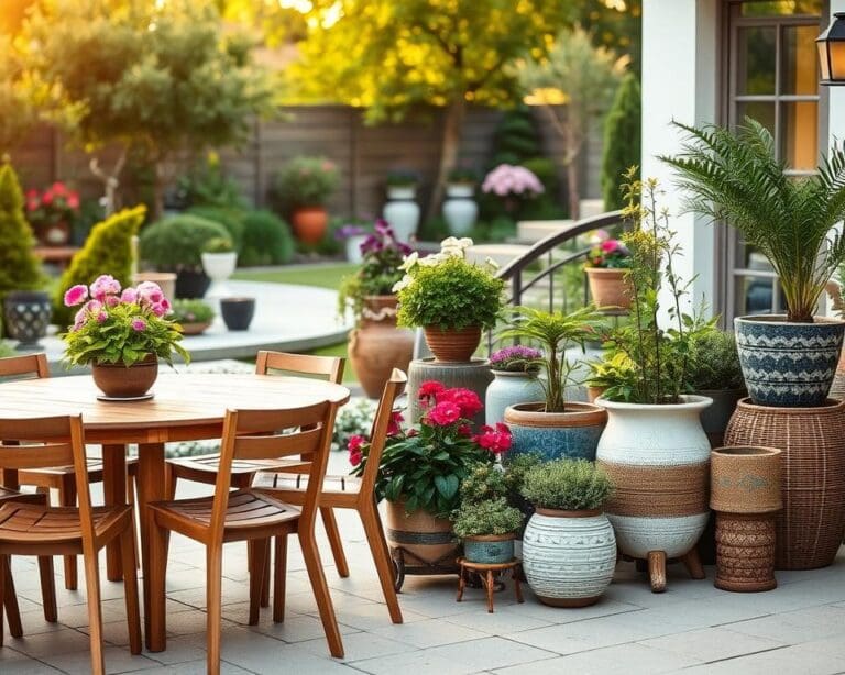 Wie kombiniert man Gartenmöbel und Pflanzgefäße stilvoll?