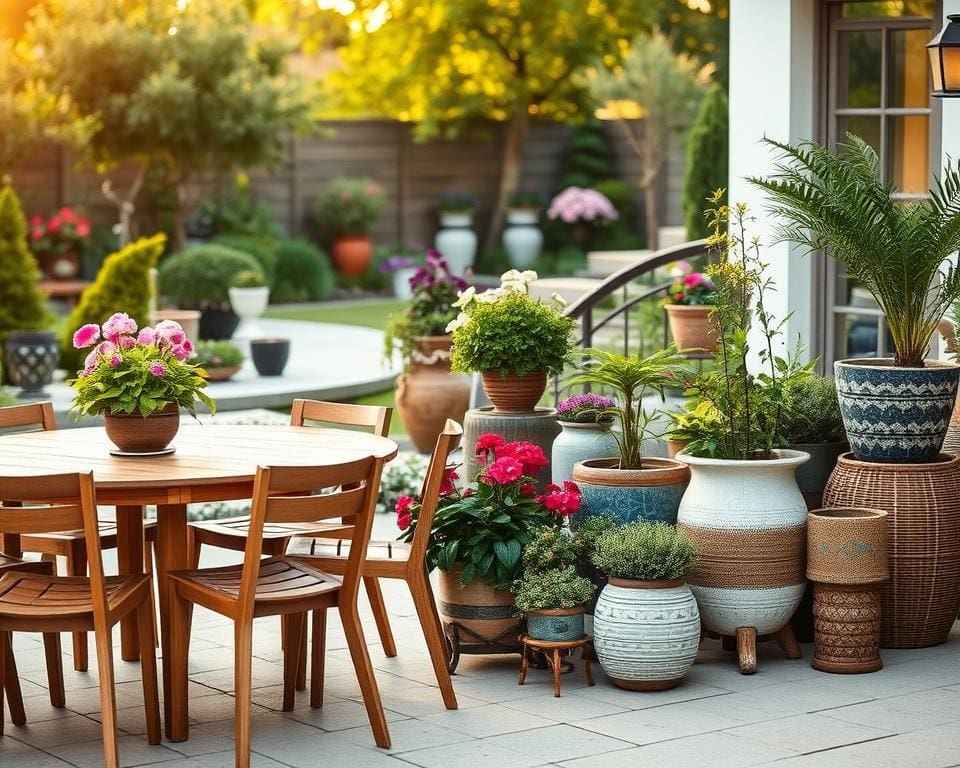 Wie kombiniert man Gartenmöbel und Pflanzgefäße stilvoll?